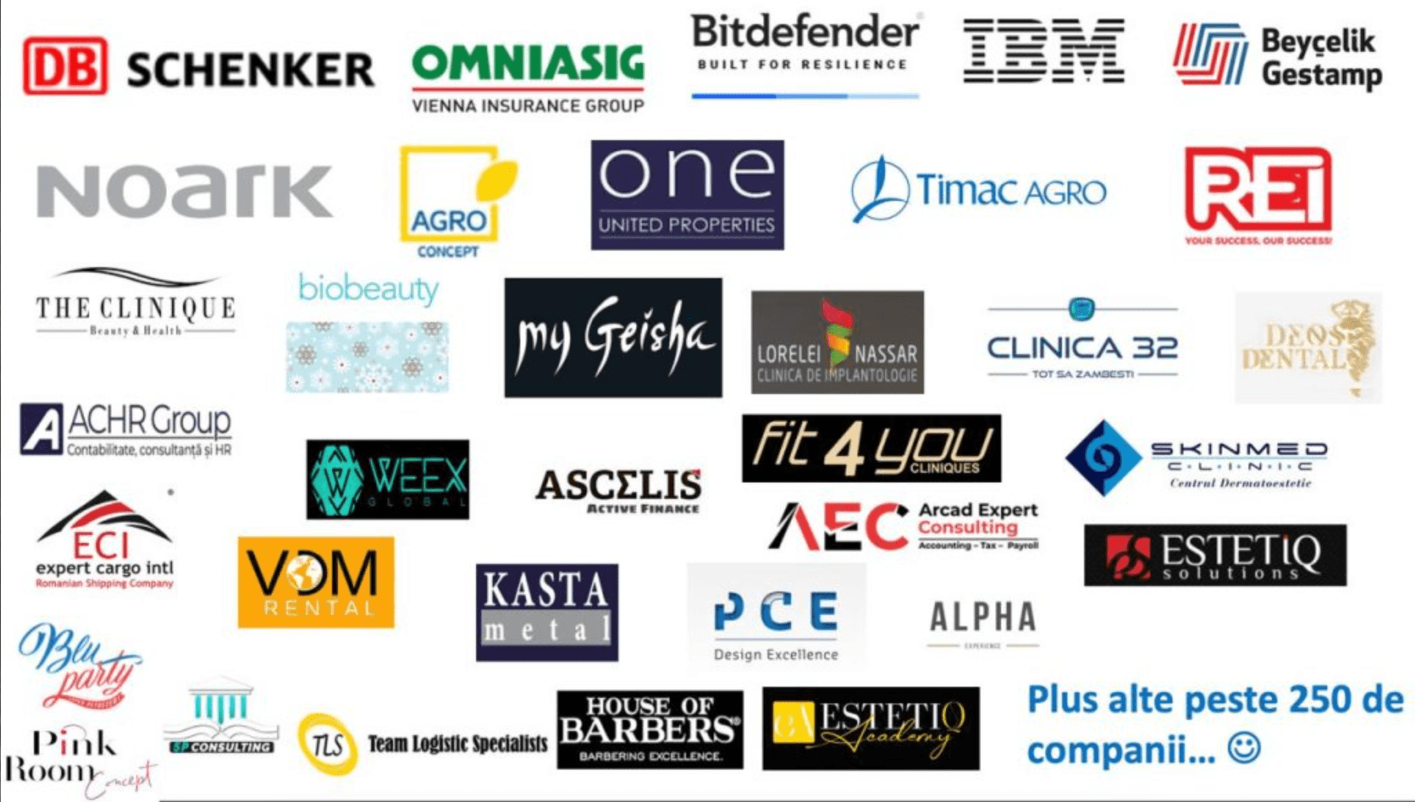 Company logos including DB Schenker, Omniasig, Bitdefender, IBM, and many others